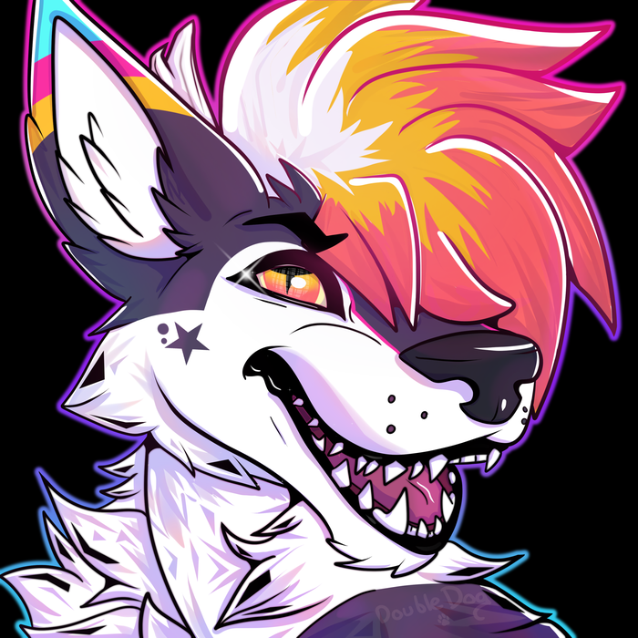 White and purple canine with vivid orange and pink hair, a star marking below one eye, and a wide toothy grin on black