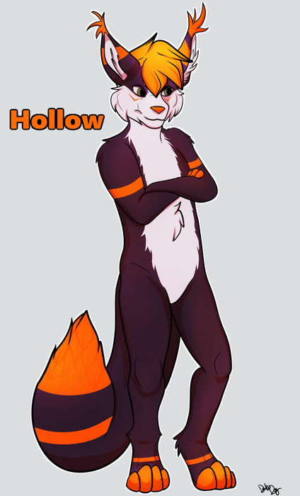 Full-body black, orange, and white cat, crossed arms, and a striped tail