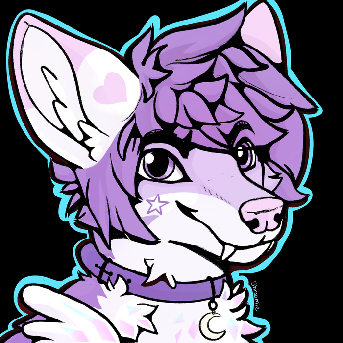 Profile portrait of Apollo, a lavender and white fae creature with enormous ears, purple hair, small horns, and a crescent-moon collar, outlined in cyan on black