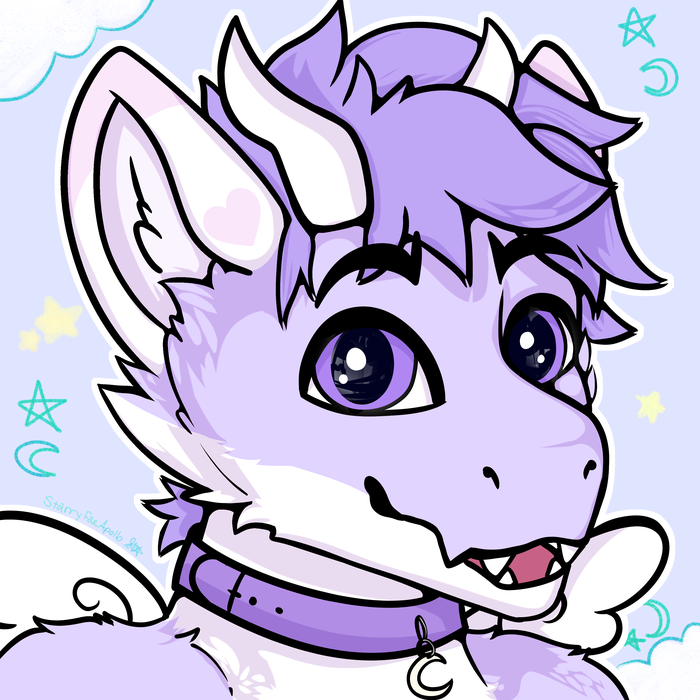 Lavender horned creature with large ears, small white wings, and a crescent-moon collar, smiling against a blue sky background
