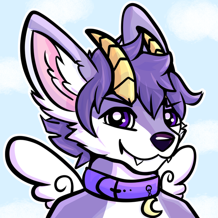 Apollo, a lavender and white Spyro-horned fae creature with enormous ears, small white wings, and a crescent-moon collar, smiling against a pale blue sky