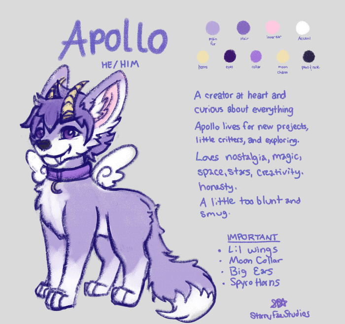 Character reference sheet for Apollo showing the full lavender and white fae creature, color swatches, markings, and handwritten personality notes