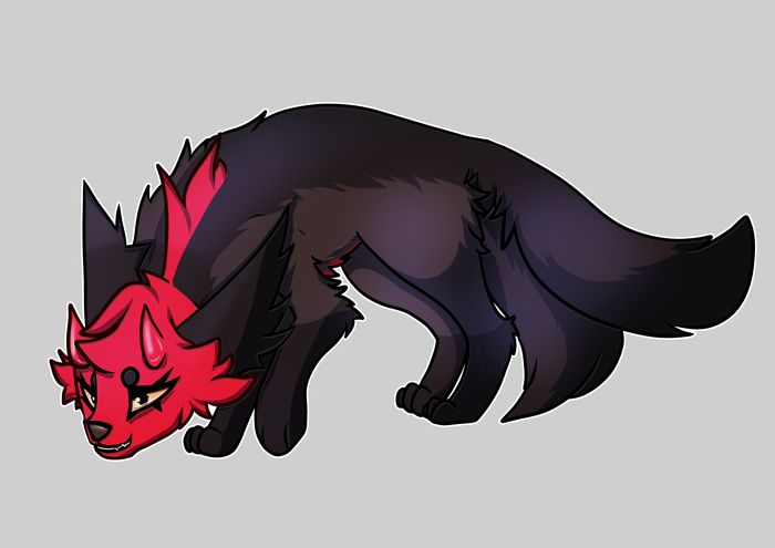 Black and deep red cat-like character looking sly