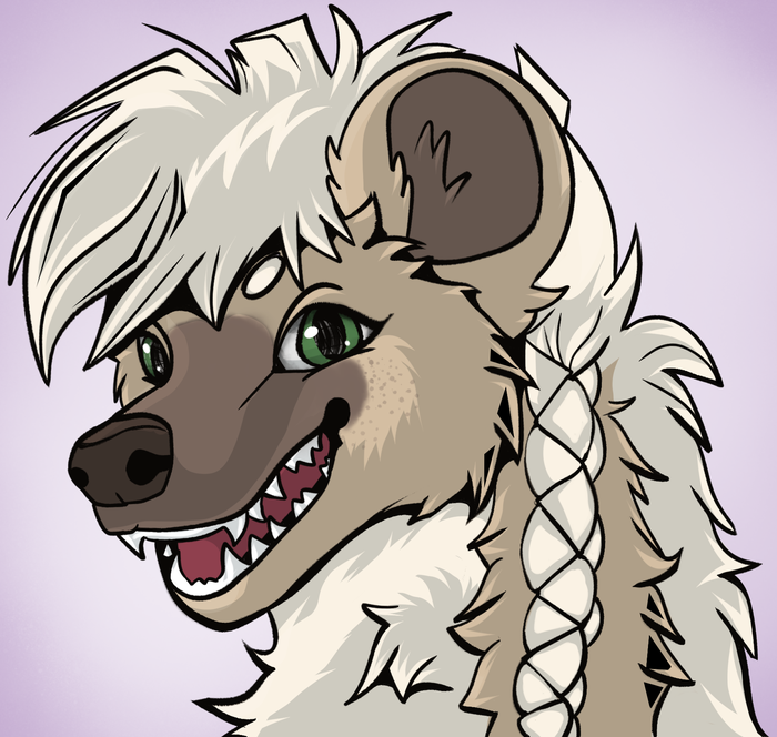 Brown-and-cream hyena with green eyes, a long braided mane, and an open-mouthed grin against a pale lavender background