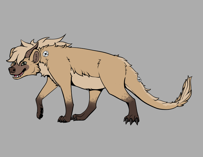 Full-body reference of Bramble, a tan and brown hyena dragon with a cream mane, long braid, green eyes, and a tufted tail