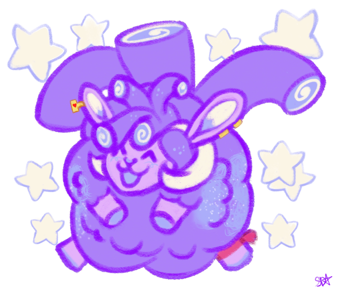Loose purple crayon doodle of a round Ube Sheep with curled horns, surrounded by stars