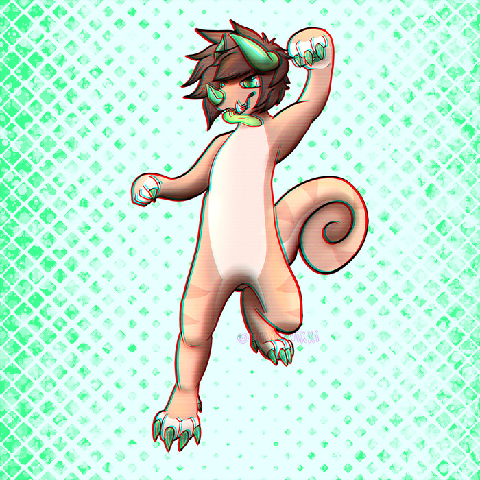 Seelmaru's Clair standing upright with one paw raised against a mint-green patterned background