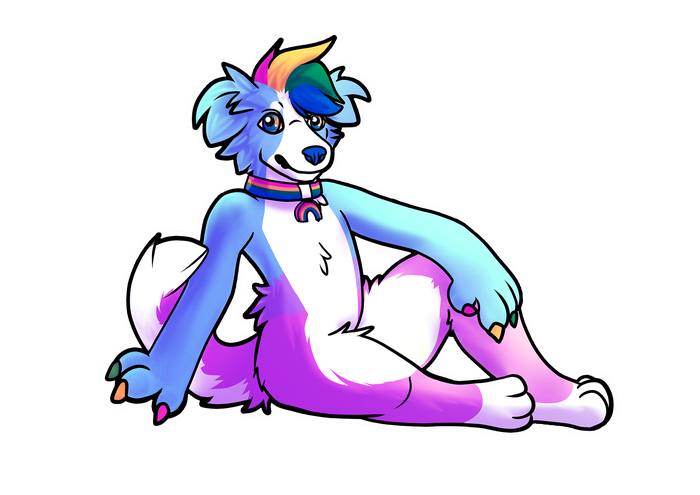 Seated blue, pink, purple, and white canine character with long limbs and a cheerful expression on white