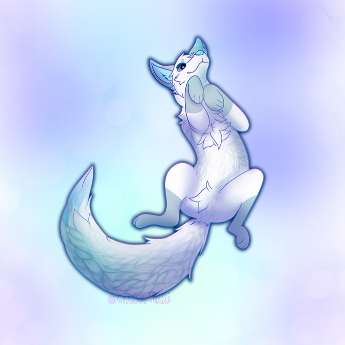 Pale blue and white anthropomorphic fox laying on its back against a soft blue and lavender background with an enormous fluffy tail