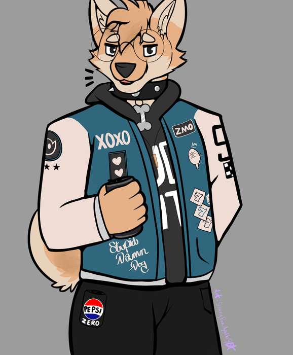 Tan anthropomorphic canine wearing glasses and a black sleeveless jacket covered in patches