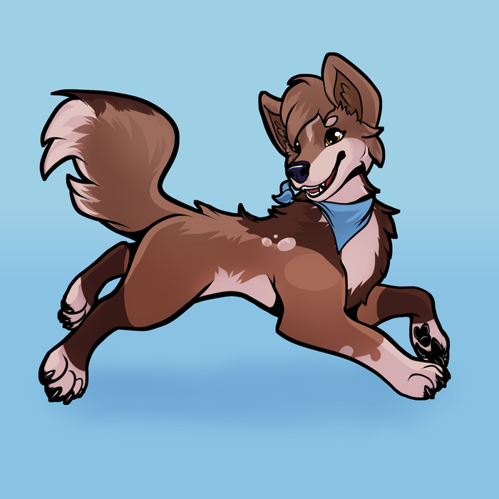 Fluffy brown canine character against a bright blue background