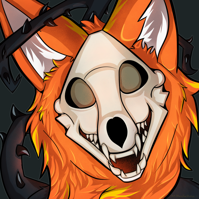 Orange skulldog, framed by dark thorny vines