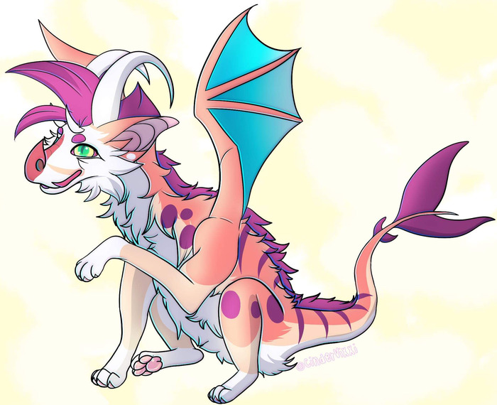 Pastel pink, blue, and white dragon sitting cutely with colorful wings against a warm pale background
