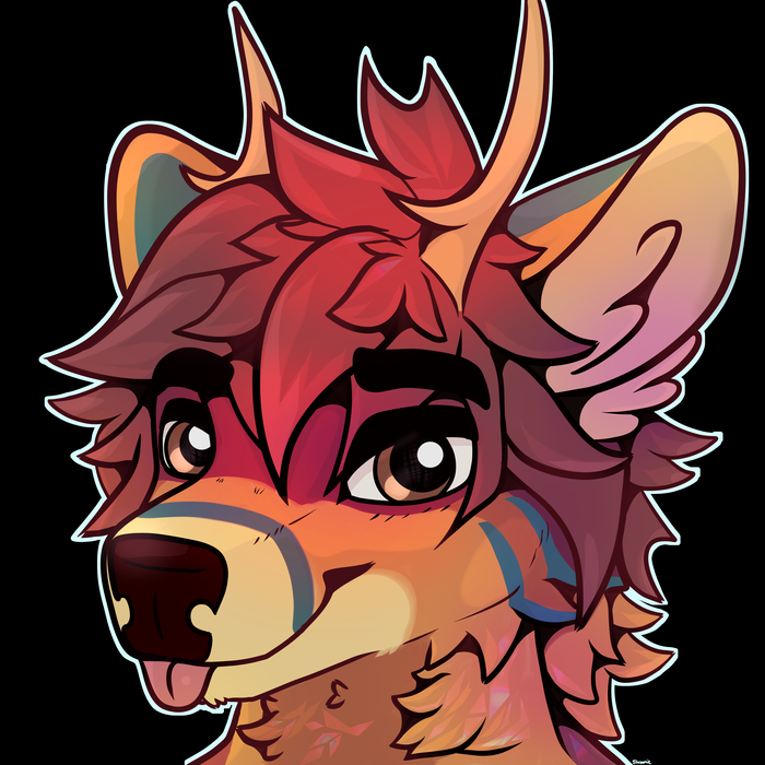 Headshot of a deer character with huge ears and glossy dark eyes on black