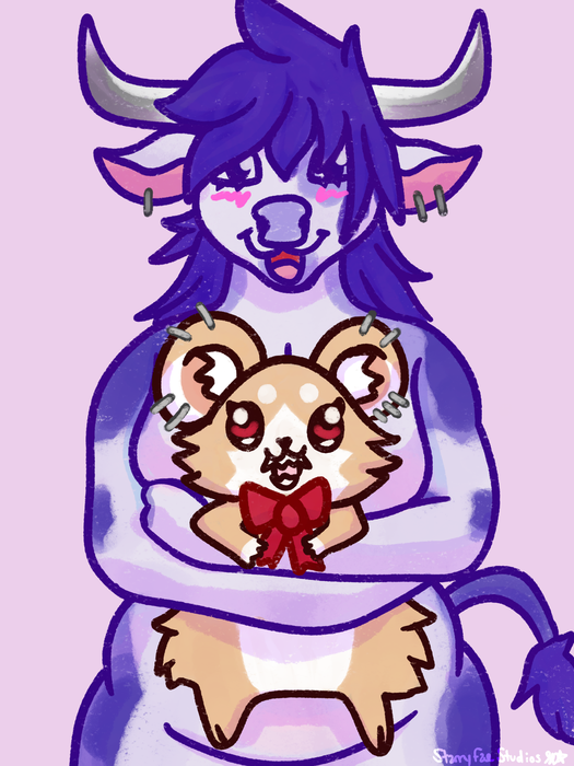 Purple cow holding an eldritch hamster