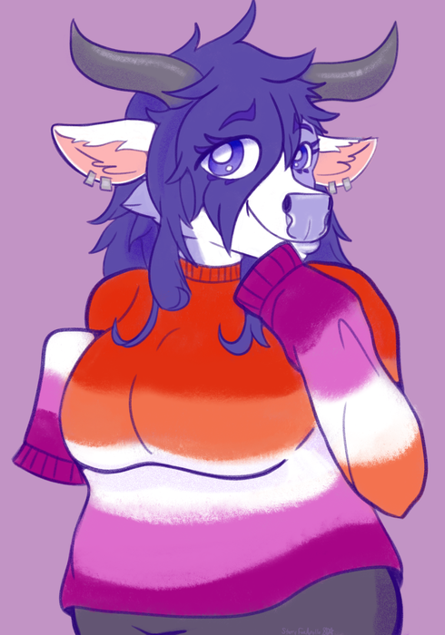 Purple cow wearing an orange, pink, and white striped sweater