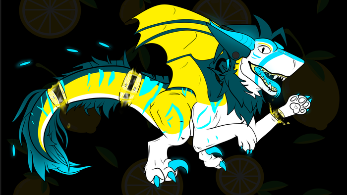 White dino with blue-and-yellow hair and translucent colorful wings with neon yellow lemon candy gore details on black