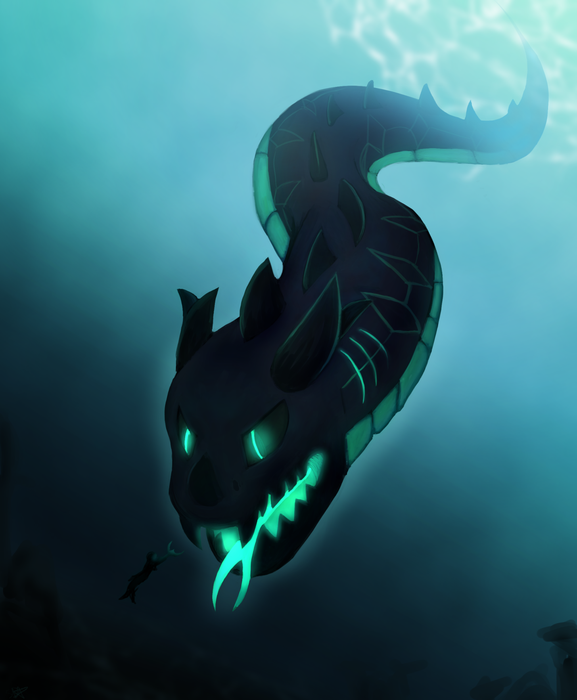 Dark serpentine sea monster descending through blue water with a glowing teal eye and jagged glowing mouth
