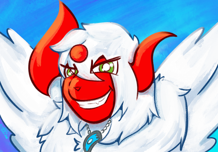 Red-and-white shiny Mega Absol against a vivid blue background