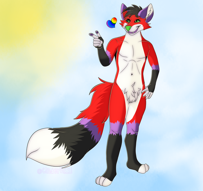 Full-body red, white, and black fox character doing finger gun against a soft blue and yellow background