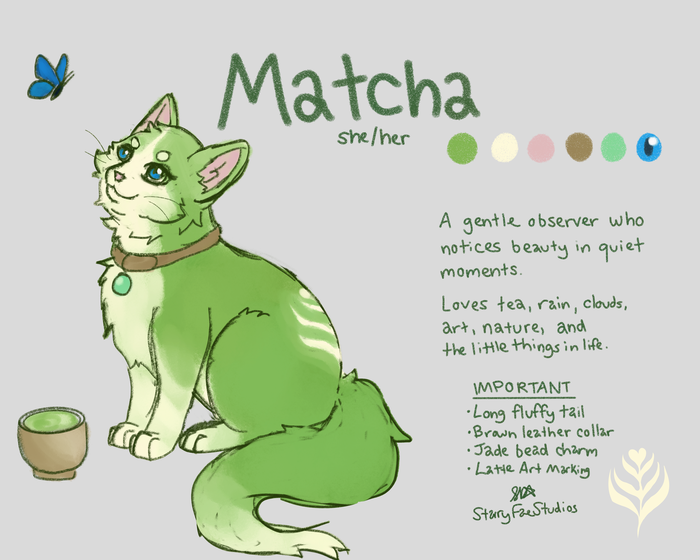Reference sheet for Matcha, a soft green cat sitting beside a mug, with color swatches and handwritten character notes