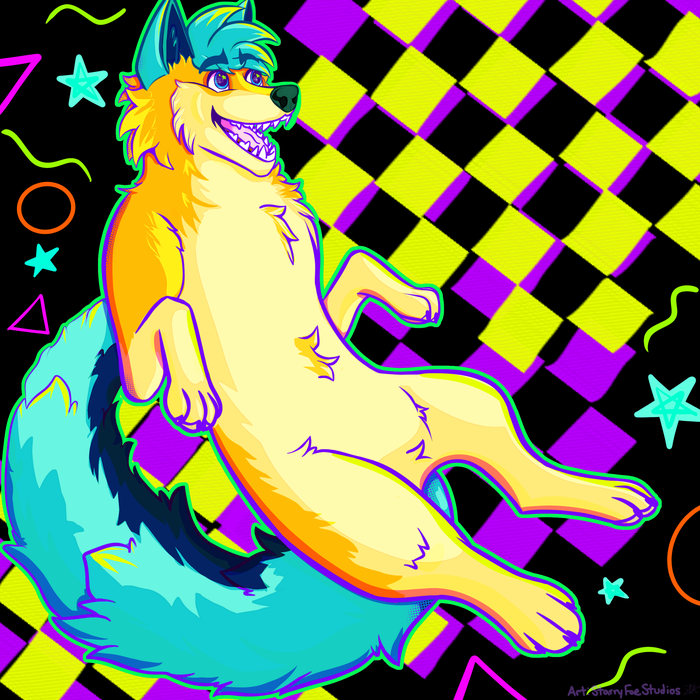 Neon yellow and blue canine character sitting against a black background filled with bright geometric shapes