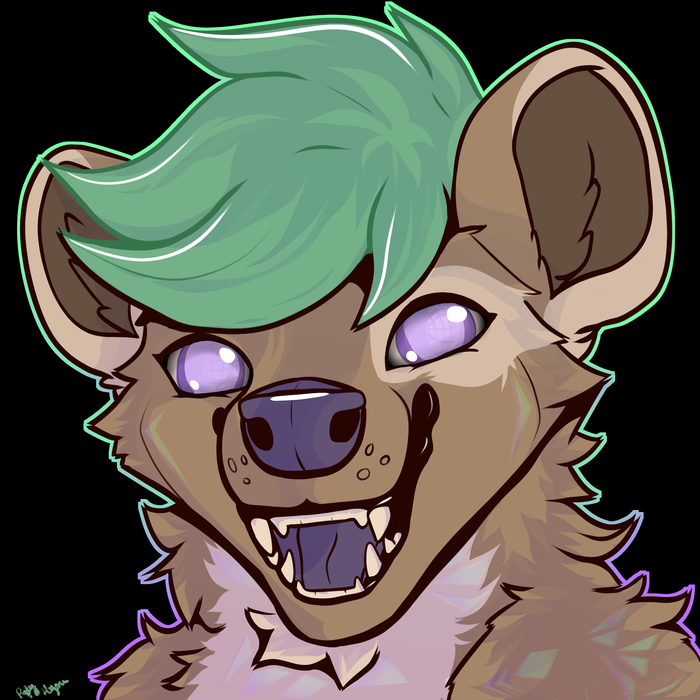 Brown hyena with mint-green hair, pale purple eyes, and a wide fanged grin