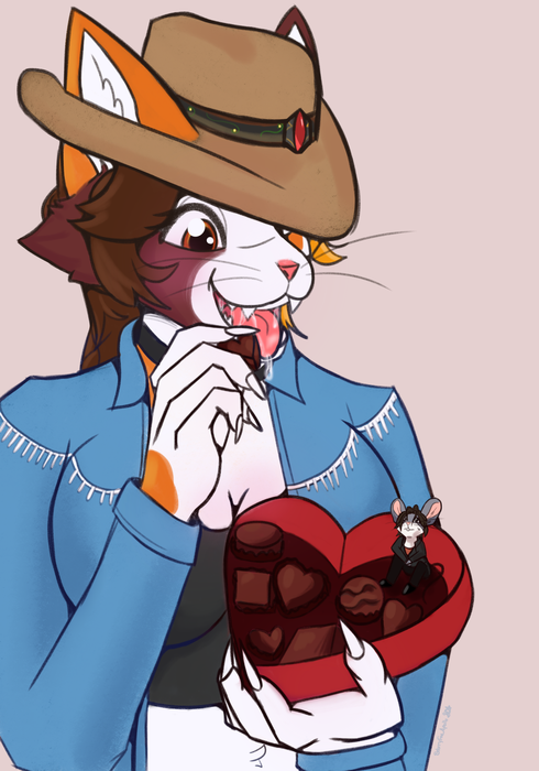 Brown cat character in a cowboy hat and blue coat holding a red heart-shaped chocolates gift with a tiny mouse in it