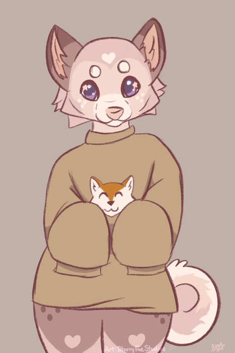 Pink and beige puppy character in an oversized brown sweater