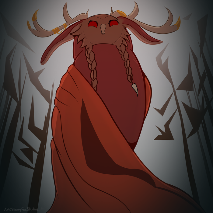 Red horned owl with glowing eyes, a long braid, and a heavy cloak standing in a dark geometric forest