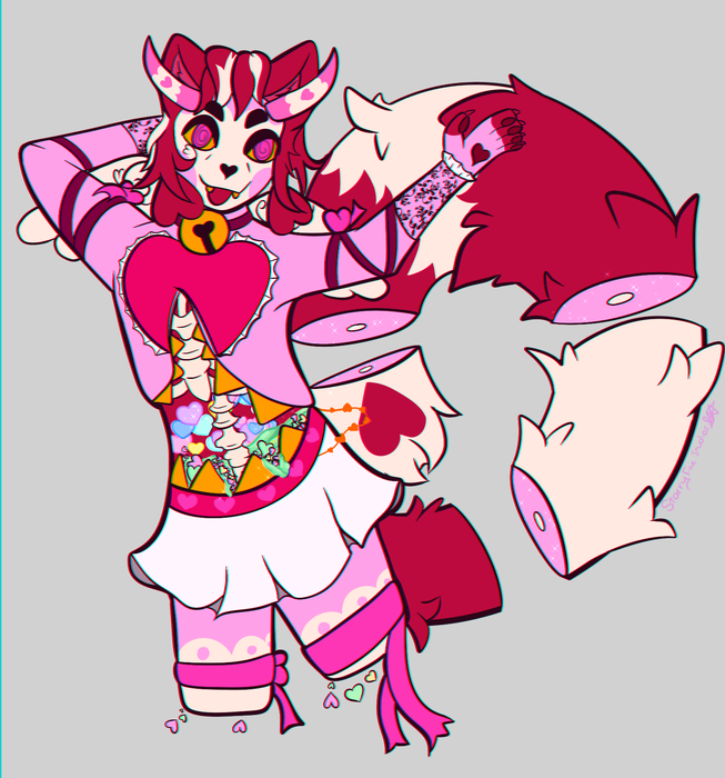 Pink, white, and magenta spotted furry character in a dynamic full-body pose with colorful candy-gore details