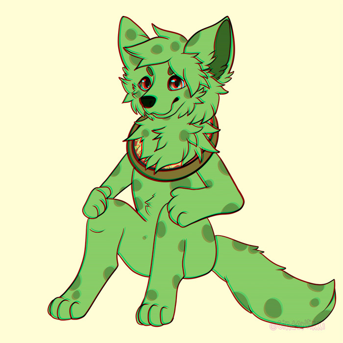 Green spotted canine character sitting against a pale yellow background and wearing a pizza