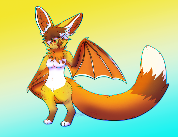 Full-body orange bat character with long ears, outstretched wings, and an enormous white-tipped tail