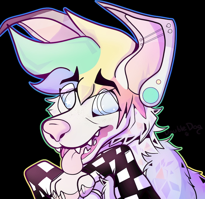 Pastel dog character with long pink-and-mint ears, pale eyes, a checkered collar, and their tongue sticking out on black