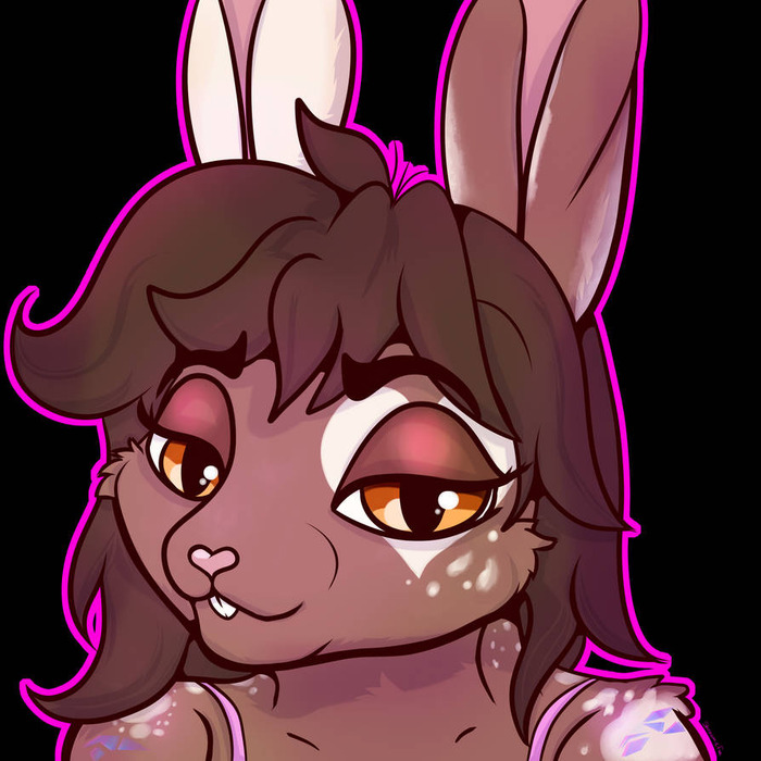 Headshot of a brown rabbit character with tall ears, long dark hair, warm orange eyes, and freckles on black