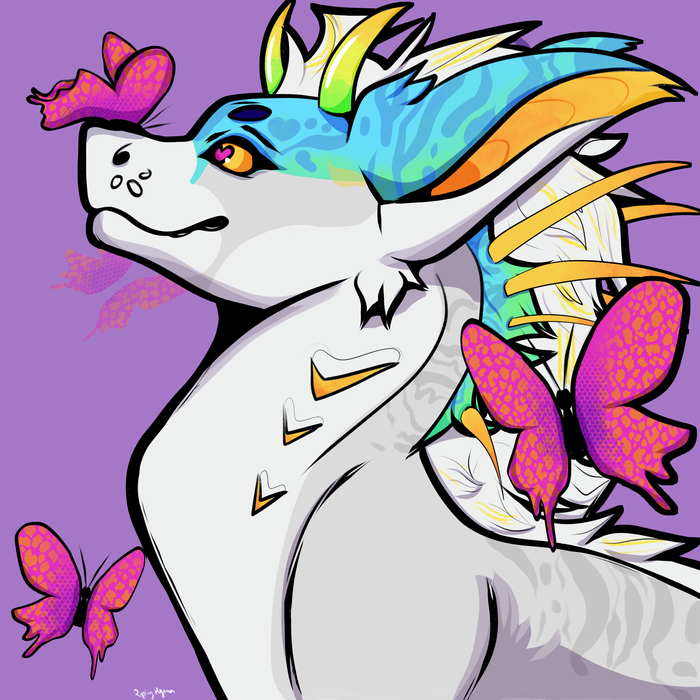 White dragon with mane, and colorful butterflies against lavender