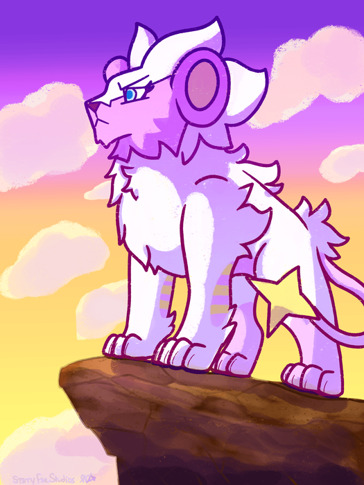 Pink Luxray standing on a rocky ledge against pink and gold sunset clouds