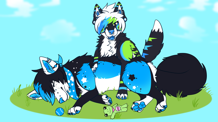 Two blue, black, and white canine characters relaxing and playing together on grass under a bright blue sky