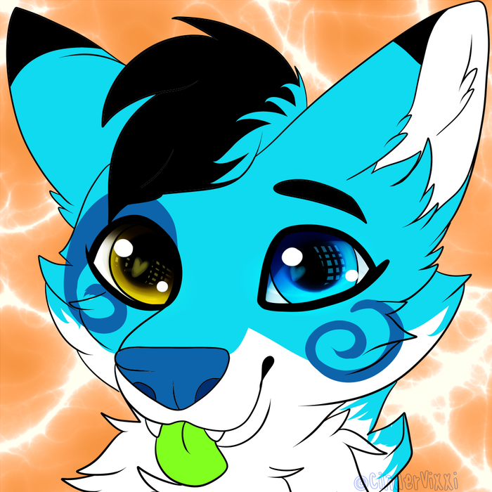 Cyan, black, and white canine head with enormous sparkling eyes, a green tongue, and curled cheek markings. Stormi Folf fanart.