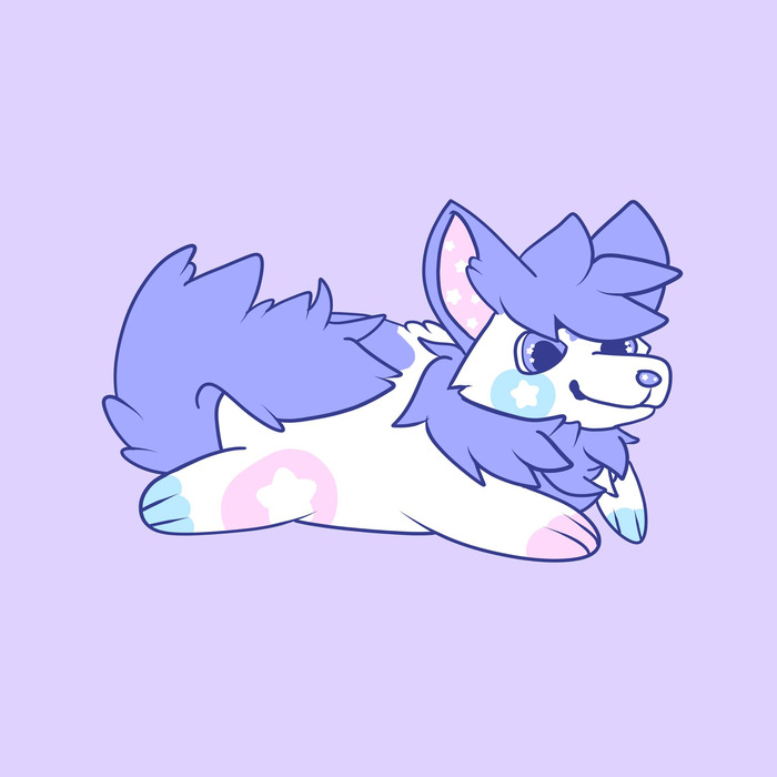 Small fluffy lavender and white dog lying down against a pale lavender background, with the energy of a derpy potato