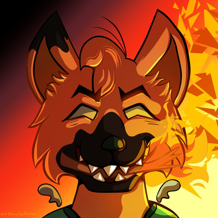 Red and orange canine head with sharp teeth showing against a fiery background
