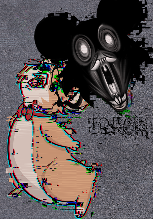 Eerie black-eyed hamster figure emerging through rainbow digital distortion and scattered glitch fragments, emanating from the normal-looking hamster
