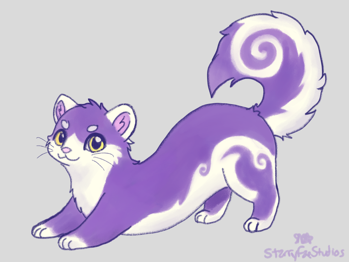 Full-body purple and cream ferretlike character with a curled tail and spiral markings against gray