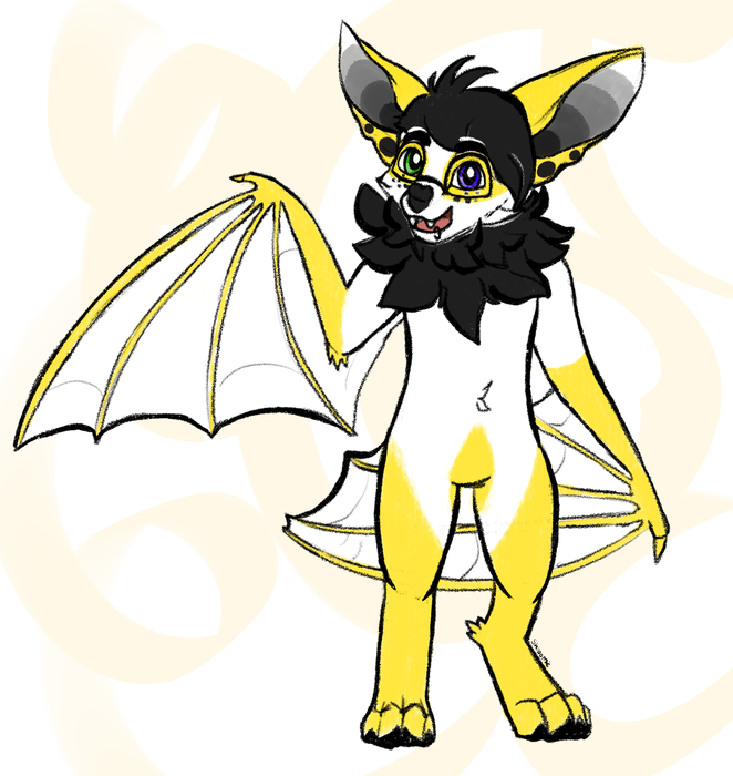 Full-body black, yellow, and white bat character