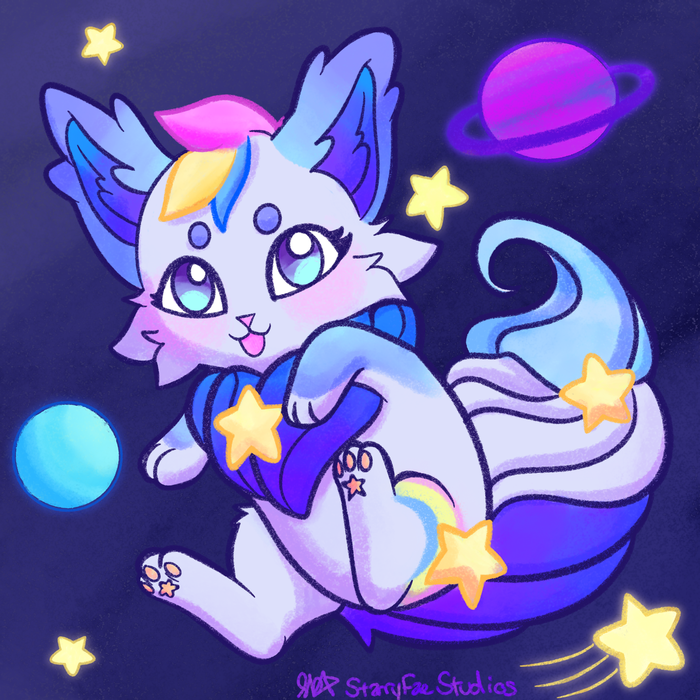 Chibi purple blue and white creature floating among colorful planets, stars, and a shooting star