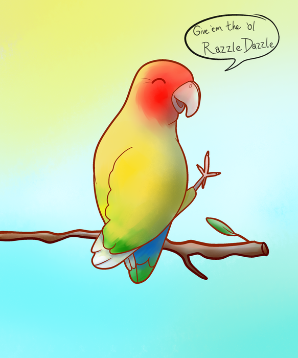 Orange and yellow peach-faced lovebird perched on a branch and cheerfully saying Razzle Dazzle