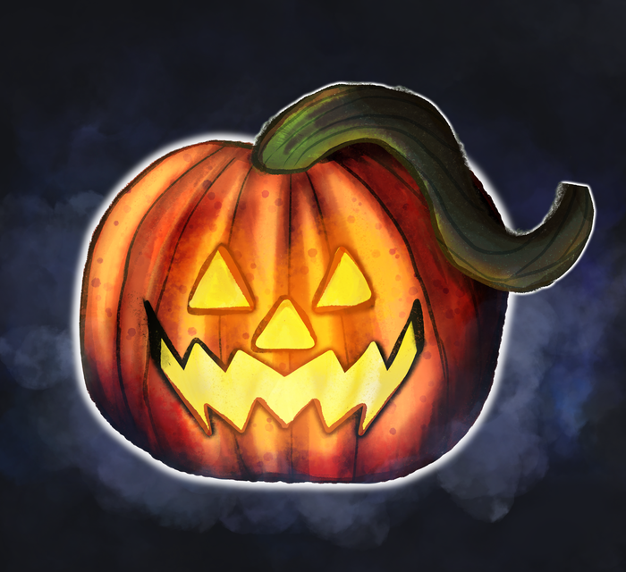 Glowing carved jack-o-lantern surrounded by dark blue and gray smoke