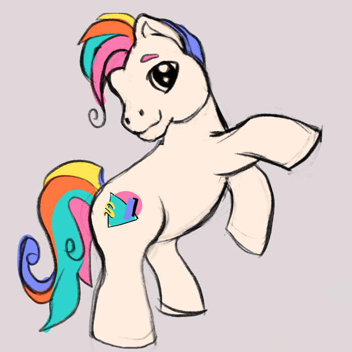 White cartoon pony with a rainbow mane and tail and an arcade-floor emblem on its flank