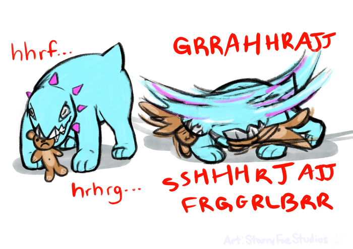 Blue creature crouched over a torn brown stuffed animal with frantic growling text and scribbled motion lines