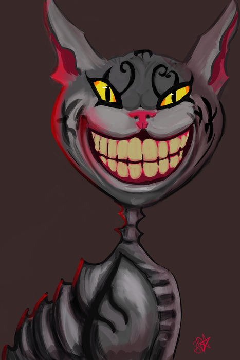Dark gray skeletal cat with glowing yellow eyes and an enormous humanlike grin lit with deep red